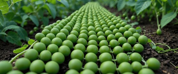 Poster - Lush Green Pea Rows in a Fertile Garden Showcasing Agricultural Ridges and Healthy Growth in Sustainable Farming Practices