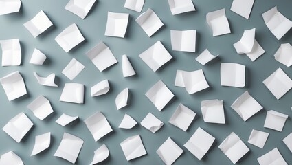 Poster - Scattered crumpled white paper pieces on a blue background creating a textured surface for design or text placement.