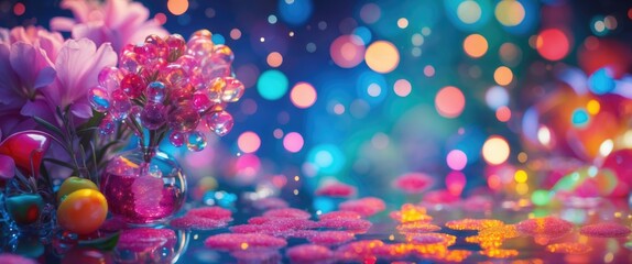 Poster - Vibrant multicolored bokeh background with floral elements and sparkling decorations creating a dreamy and festive atmosphere.