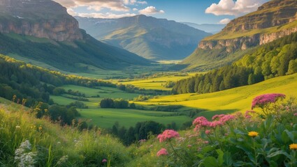 Aufkleber - Vibrant Summer Valley Landscape with Lush Green Hills and Colorful Wildflowers Under a Bright Blue Sky