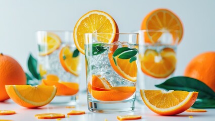 Wall Mural - Refreshing Citrus Infused Water With Orange Slices In Glasses On A Bright Background With Empty Space For Text