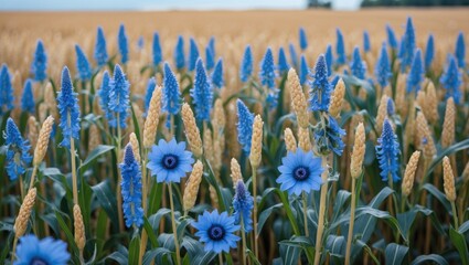 Aufkleber - Vibrant Blue Cornflowers In A Golden Grain Field With Ample Space For Textual Overlay