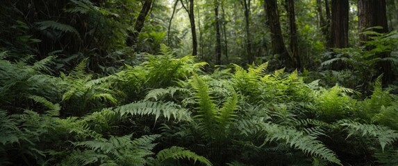 Poster - Lush Green Ferns Underneath Trees In Dense Forest With Neutral Copy Space For Text