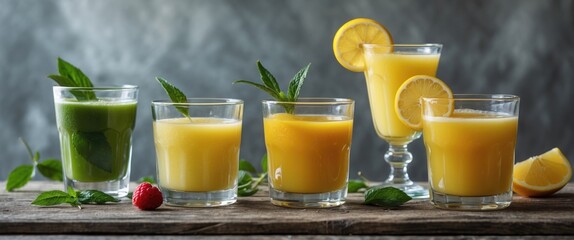 Aufkleber - Refreshing Natural Juices in Glasses with Mint Leaves and Fruits on a Rustic Wooden Table Ideal for Healthy Beverage Promotion