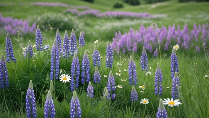 Aufkleber - Vibrant Green Meadows Filled With Purple Lupins And Daisies Offering Spacious Copy Area For Text Display