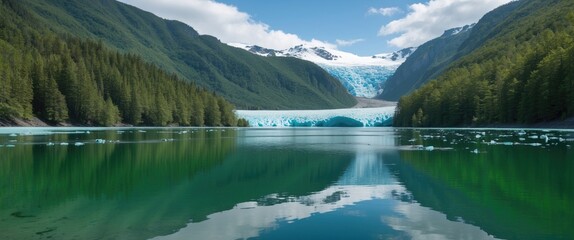 Aufkleber - Serene Green Glacier Lake Surrounded By Lush Forests And Majestic Glaciers With Clear Reflections And Space For Textual Overlay