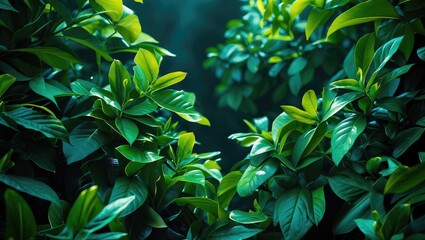 Poster - Lush Green Leaves in Dark Background with Negative Space for Text or Quotes