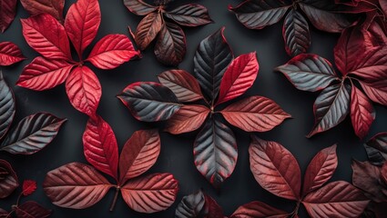 Poster - Vibrant Red and Dark Brown Leaves Arrangement with Negative Space for Design Elements or Text
