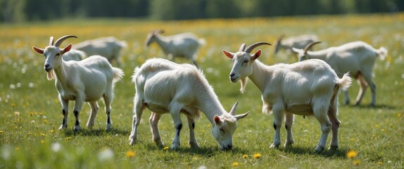 Aufkleber - Goats Grazing in a Sunny Meadow Surrounded by Wildflowers with Space for Text Overlay in a Serene Summer Landscape