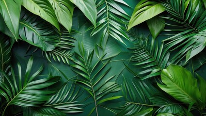 Aufkleber - Lush Green Tropical Leaves Background with Varied Textures Ideal for Nature Themed Designs and Creative Projects with Copy Space.