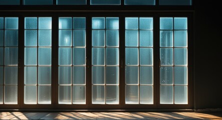 Poster - Elegant glass windows illuminated on a dark wall creating a serene atmosphere with soft light reflections and textured patterns.