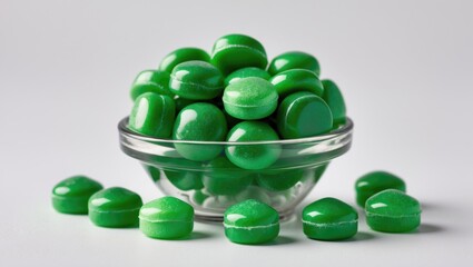 Aufkleber - Green glossy candies in a transparent bowl with scattered pieces on a clean white background for sweet treats and confectionery themes