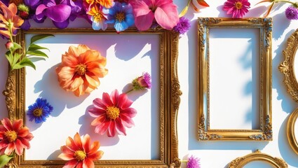 Poster - Vintage gilded photo frames surrounded by vibrant flowers on a white background ideal for artistic displays or decorative purposes.