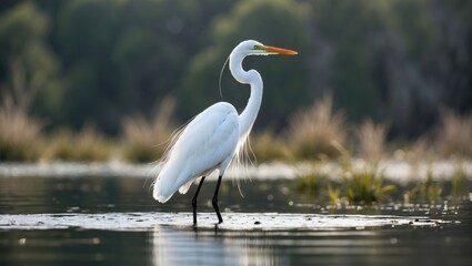 Aufkleber - Great White Egret Standing Gracefully in Calm Water Surrounded by Lush Greenery with Space for Text Overlay