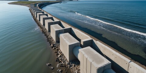 Poster - Aerial View of Modern Coastal Seawall Structure Made of Concrete Blocks Meeting Calm Water Shoreline with Space for Text or Graphics