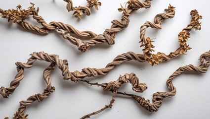 Poster - Twisted Dried Lianas with Natural Texture and Flowers on White Background for Rustic Decor and Floral Arrangement Inspiration