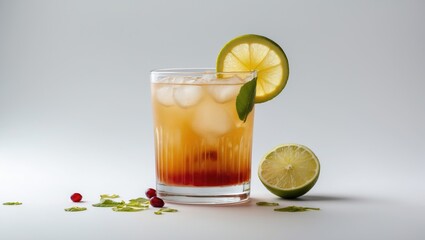 Aufkleber - Refreshing cocktail with ice garnished with lime slice and mint on white background ideal for beverage advertising or summer promotions