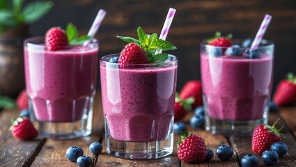 Aufkleber - Refreshing Berry Smoothies with Fresh Berries and Mint on Wooden Table Perfect for Healthy Lifestyle and Summer Drinks
