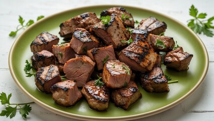 Aufkleber - Delicious Grilled Meat Chunks Garnished with Fresh Herbs Served on a Green Plate Perfect for Culinary Promotions and Food Ads