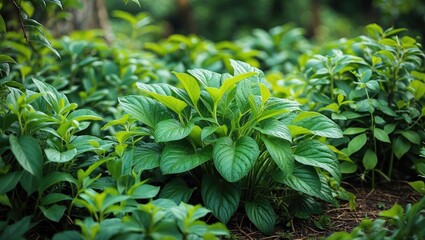 Poster - Lush Green Leafy Plants Thriving in a Natural Garden Setting with Sunlight Filtering Through Vegetation