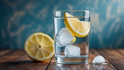 Poster - Refreshing cold water with ice and lemon slices in a glass on a rustic wooden table with a blue background. Perfect summer beverage.