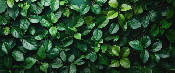 Poster - Lush green foliage wall background showcasing a variety of leaves ideal for nature-inspired decor and design projects.