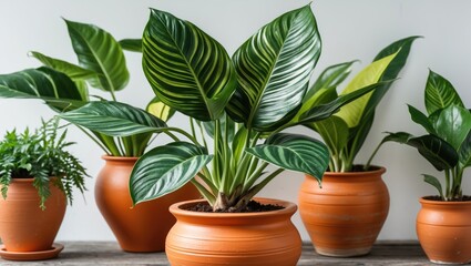 Poster - Dieffenbachia plants in vibrant orange clay pots showcasing lush green leaves against a clean white background for a fresh indoor decor aesthetic.