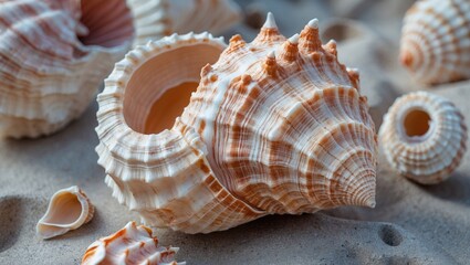 Poster - Giant Conch Shell Cluster Closeup on Sandy Beach with Text Space for Advertising or Design Purposes