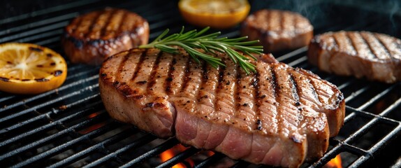 Aufkleber - Grilled Pork Steak with Fresh Herbs on a Barbecue Grill and Lemon Slices in the Background for Culinary Promotions