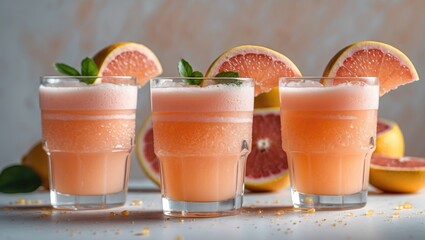 Aufkleber - Fresh Grapefruit Juice Served in Glasses with Mint Garnish and Citrus Slices on a Light Background