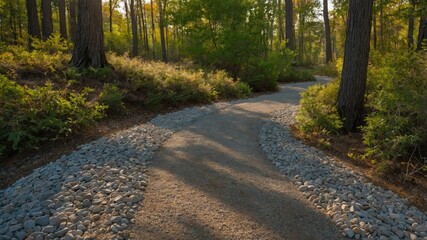 Poster - Winding Gravel Path Surrounded By Lush Greenery And Tall Trees In A Peaceful Natural Forest Setting
