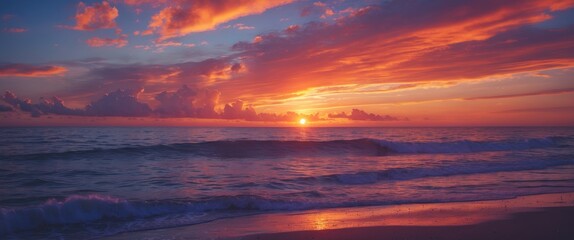 Poster - Vibrant Sunset Over Ocean Waves with Dramatic Sky and Space for Adding Text or Graphics