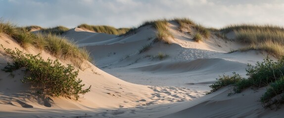 Poster - Serene Sand Dunes with Coastal Foliage and Soft Light Perfect for Nature Background or Text Overlay