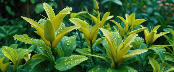 Poster - Dew Covered Yellowish Green Leaves of Dove's-Foot Crane's-Bill in Lush Garden Setting with Copy Space for Text Overlay