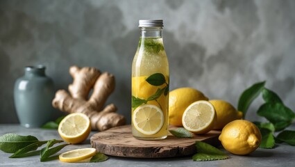 Aufkleber - Refreshing Ginger Lemon Infused Drink in a Bottle Surrounded by Fresh Ingredients and Empty Space for Custom Text