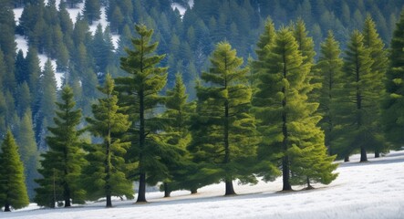 Poster - Vibrant green pines covered in snow in a serene young pine forest on a hill during winter showcasing nature's tranquility and beauty.