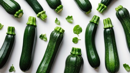 Wall Mural - Fresh Green Zucchini Varieties Arranged on White Surface with Garnishing Leaves Ideal for Healthy Cooking and Recipe Illustrations