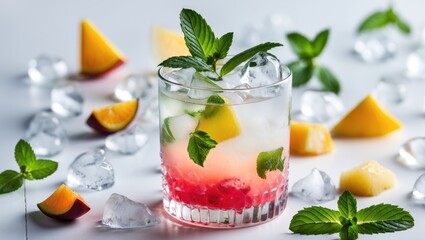 Poster - Refreshing Cold Fruit Cocktail with Ice and Mint Garnish Surrounded by Fresh Fruit Pieces on a Bright Background