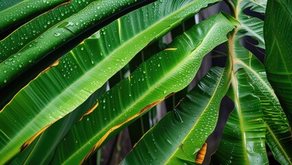 Wall Mural - Vibrant green coconut leaves with water droplets showcasing natural texture and freshness in a tropical environment