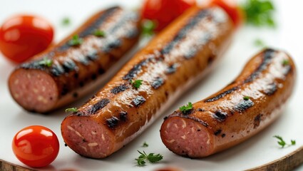 Poster - Grilled Sausages with Fresh Tomatoes and Herbs on a Wooden Plate against a White Background