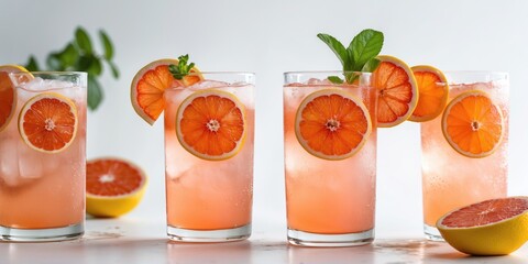 Aufkleber - Freshly Prepared Grapefruit Lemonade in Glasses with Citrus Garnish and Ice on Bright Surface Perfect for Beverage Advertising