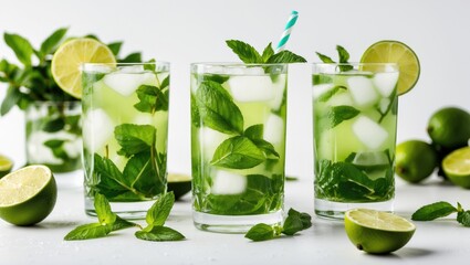 Poster - Refreshing Mojito Cocktails with Fresh Lime and Mint Leaves on a Bright Background Ideal for Summer Beverage Promotions and Recipe Ideas
