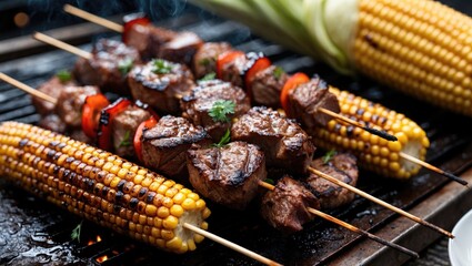 Poster - Grilled Meat Skewers with Colorful Bell Peppers and Charred Corn on the Cob Over an Open Flame on a Summer Barbecue Grill