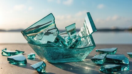 Aufkleber - Shattered glass pieces scattered around with sunlight reflecting on their surfaces beside a tranquil body of water.