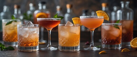 Aufkleber - Assorted Cocktails Decorated With Fresh Fruits And Botanicals On A Rustic Bar Counter With Bottles In The Background