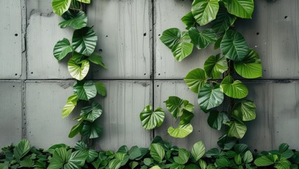 Aufkleber - Lush green leaves cascading on a textured concrete wall creating a vibrant natural contrast in an urban setting.