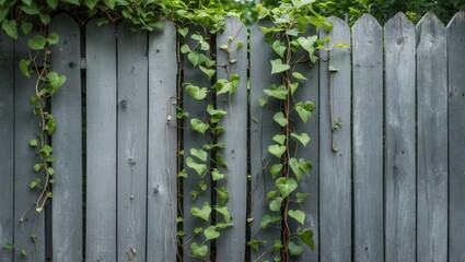 Aufkleber - green climbing vines against a weathered gray wooden fence creating a tranquil and rustic atmosphere