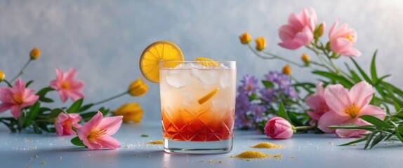 Poster - Tasty Cocktail in Glass Surrounded by Colorful Flowers Against Light Background with Space for Text or Branding