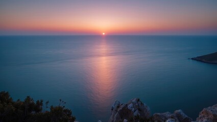 Poster - Serene Long Exposure Sunset Over Mediterranean Sea with Calm Waters and Soft Horizon Colors