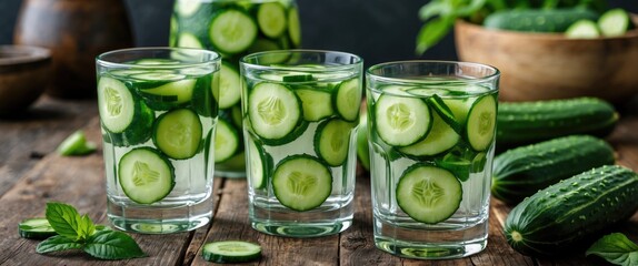 Poster - Refreshing Cucumber Water in Glasses with Fresh Slices on Rustic Wooden Table Surrounded by Whole Cucumbers and Mint Leaves